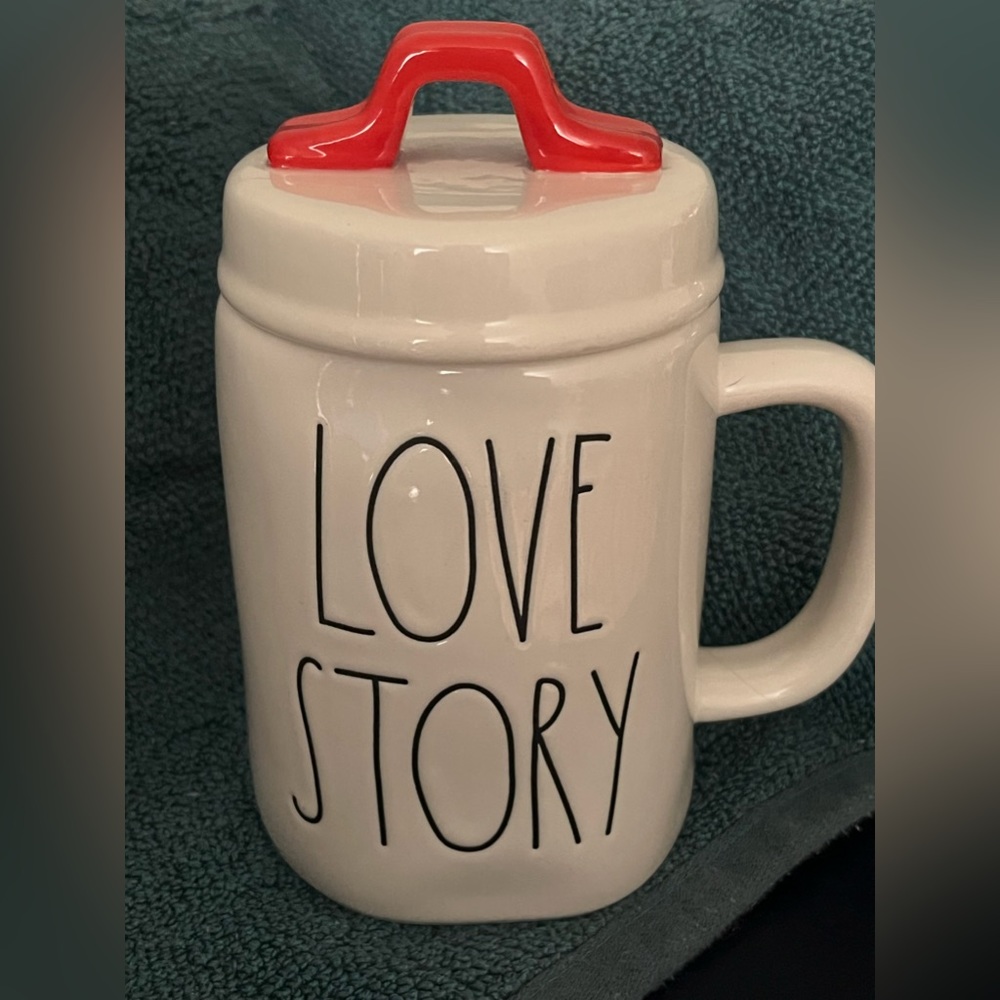Rae Dunn Love Story Mug with red handle lid